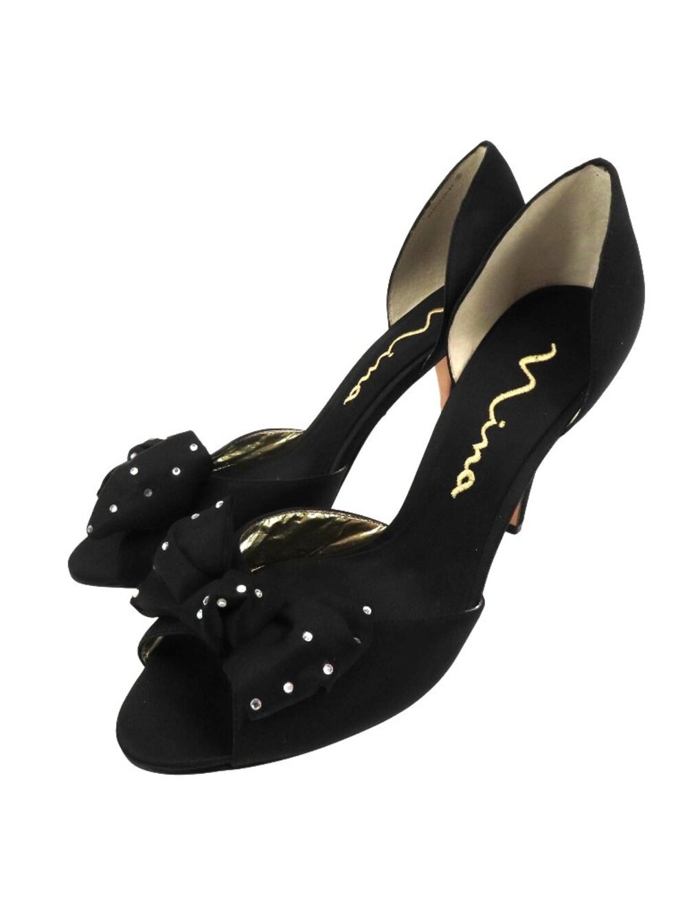 Nina Women 9.5 M Black Satin Fabric Bow Rhinestone Peep Toe Dorsay Heels Shoes